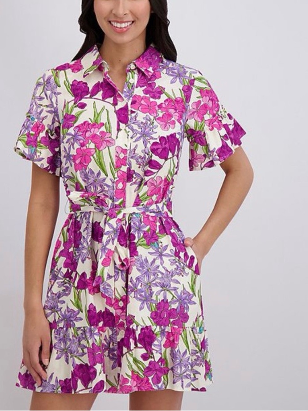 London Times Floral Shirt Dress with Ruffle Detail; NWT, Sz. S